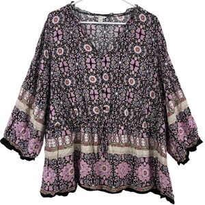 Cato Plus Size 22/24W Boho Top Blouse Pink Black Floral Flowy Pullover 3X